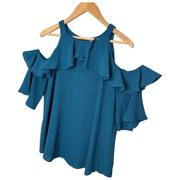 Umgee Cold Shoulder Ruffle Neck Short Sleeve Jade M - Picture 5 of 12
